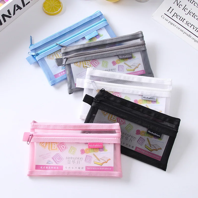 Large Capacity Simple Color Pencil Case Student Exam Series Hand Account Net Yarn Transparent Stationery Storage Supplies Bag