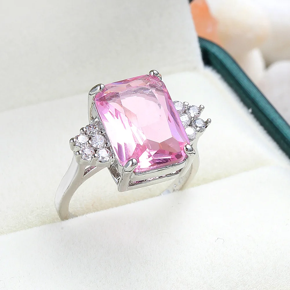 New Arrival Female Wedding Ring 925 Sterling Plata Square Cut Pink Zircon Finger Rings For Women Jewelry Gift Anillos Mujer