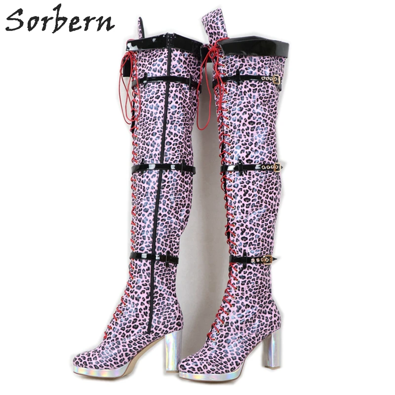 

Sorbern Pink Leopard Patent Thigh Boots For Gays Drag Queens Crotch High Ladies Boot Block Chunky Heels Platform Shoe For Art