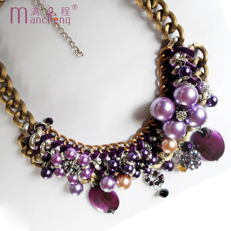 New Restoring Ancient Bronze Purple Pearl Crystal Necklace For Women Big Chunky Rope Chokers Clavicle Collar Para Mujer