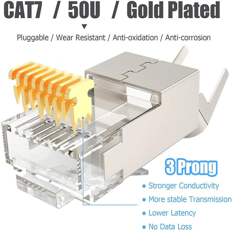 HTOC Cat7 Kim Loại Che Chắn RJ45 Cổng Kết Nối 50 Micron 50u 3 Ngạnh FTP STP Cáp Dù Lọn Uốn Modular Cắm 8P8C Pha Lê đầu