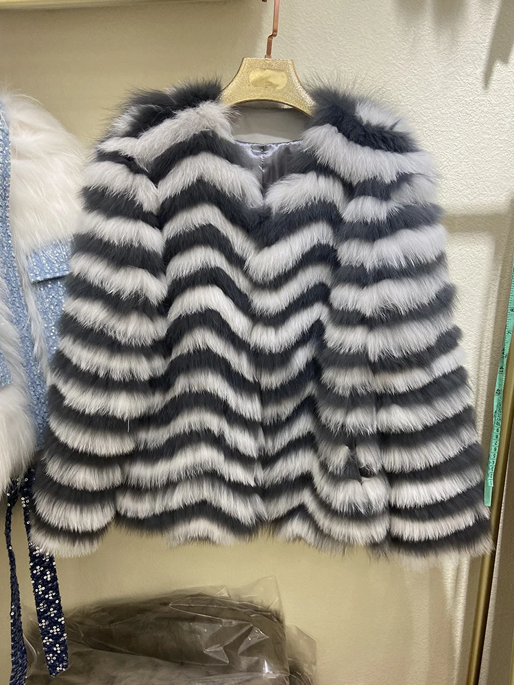 New Arrival Women Lady Winter Fur Strip Sewed Toghter Color Matching Real Fox Fur Jacket Outerwear Coat Length 65cm