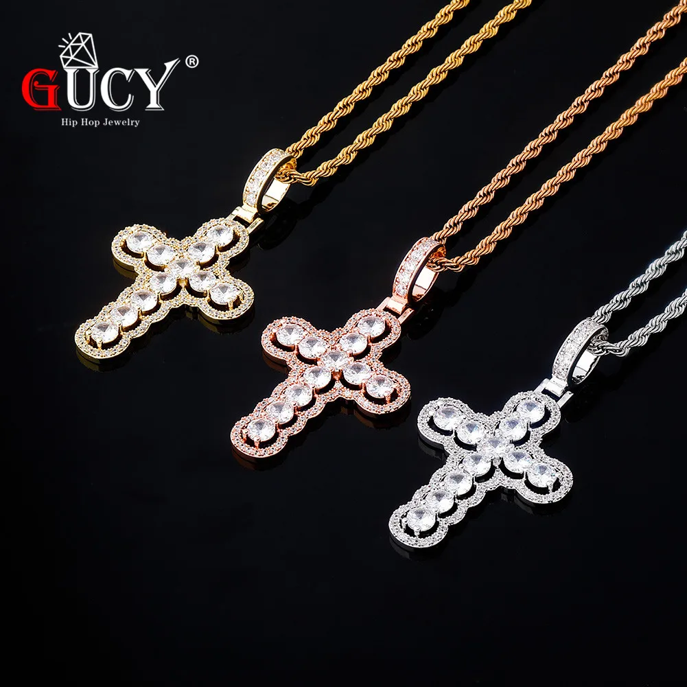 GUCY Iced Zircon Cross Pendant  4mm Tennis Chain AAA Cubic Zircon Men's Women Hip Hop Rock Jewelry  For Gift