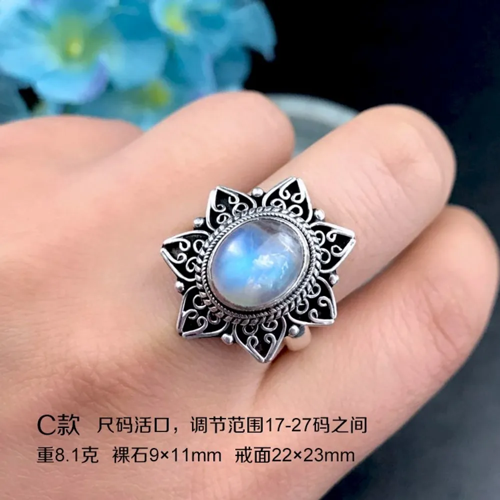 

New handmade s925 pure silver natural moonstone ring for woman Tibetan retro adjustable woman ring