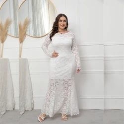 Spring New Hot Sale European And American Style Plus Size Evening Dress Hollowed Out Lace Fishtail Dress For Women