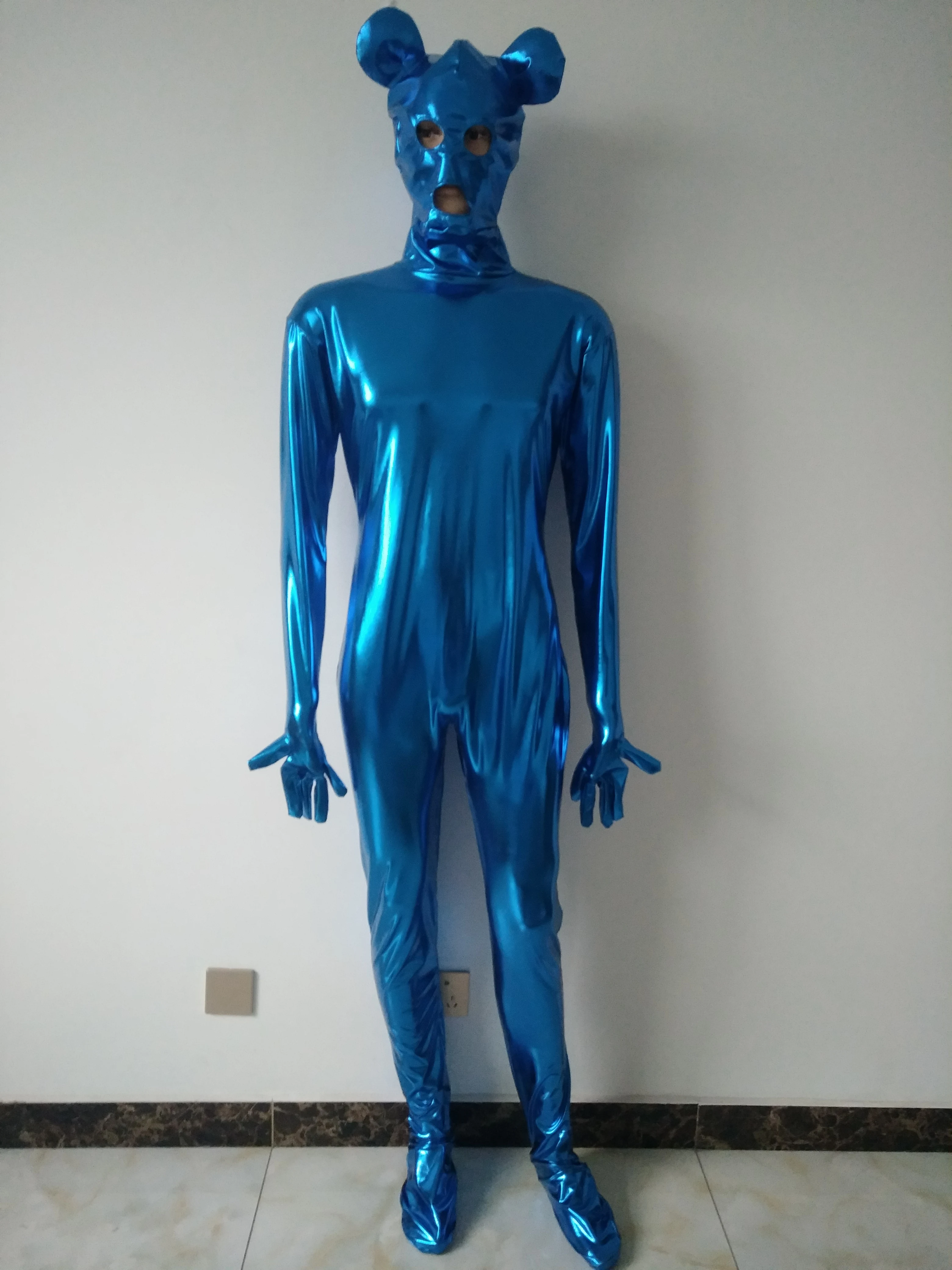 Men‘s Fancy Dress Shiny Metallic lake Blue cat Animal Zentai jumpsuit With ear tail For Halloween Party Open Eyes mouth