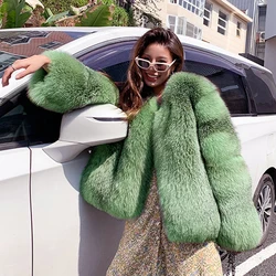 Natural Fox Fur Coats Women Winter Fashion Medium Length Whole Skin Real Fox Fur Jacket V-neck Long Sleeve Green Fur Overcoats