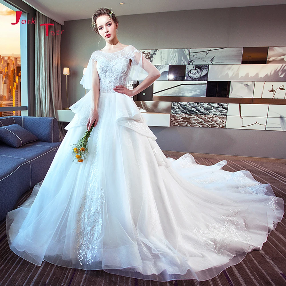 Vestido De novia De manga corta con cuello redondo, con apliques De encaje, para novia