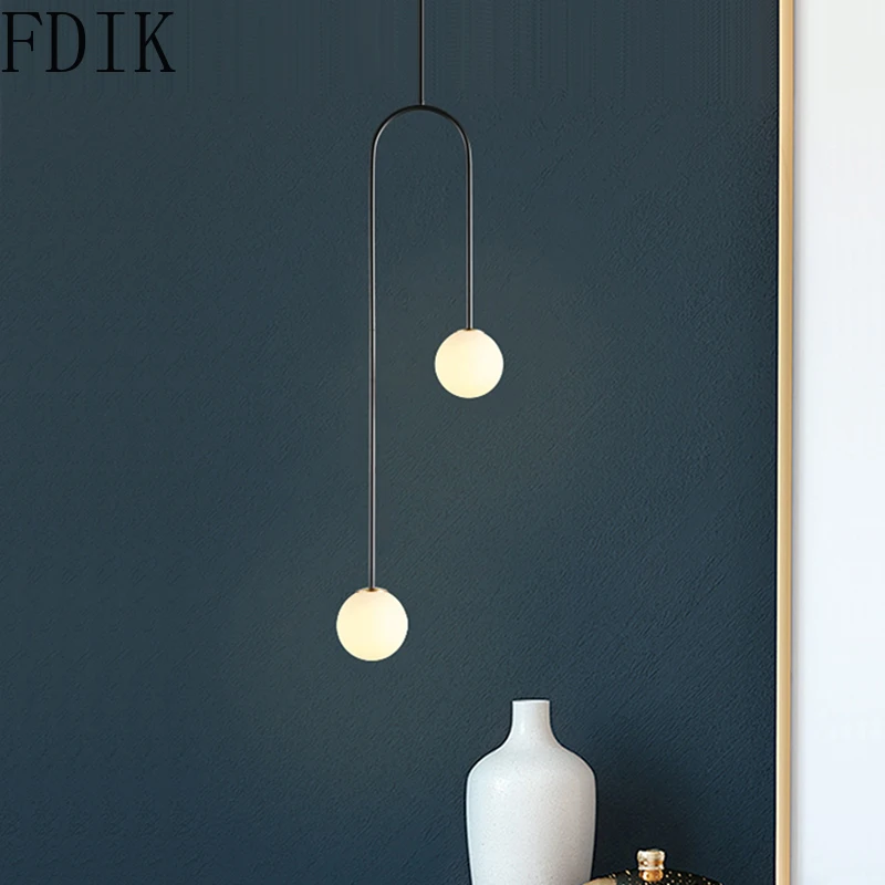 Nordic Double Heads Pendant Lamp Geometric Hanging Lights for Bedroom Bedside Wrough Iron Decorative Glass Lamps Led Luminaires