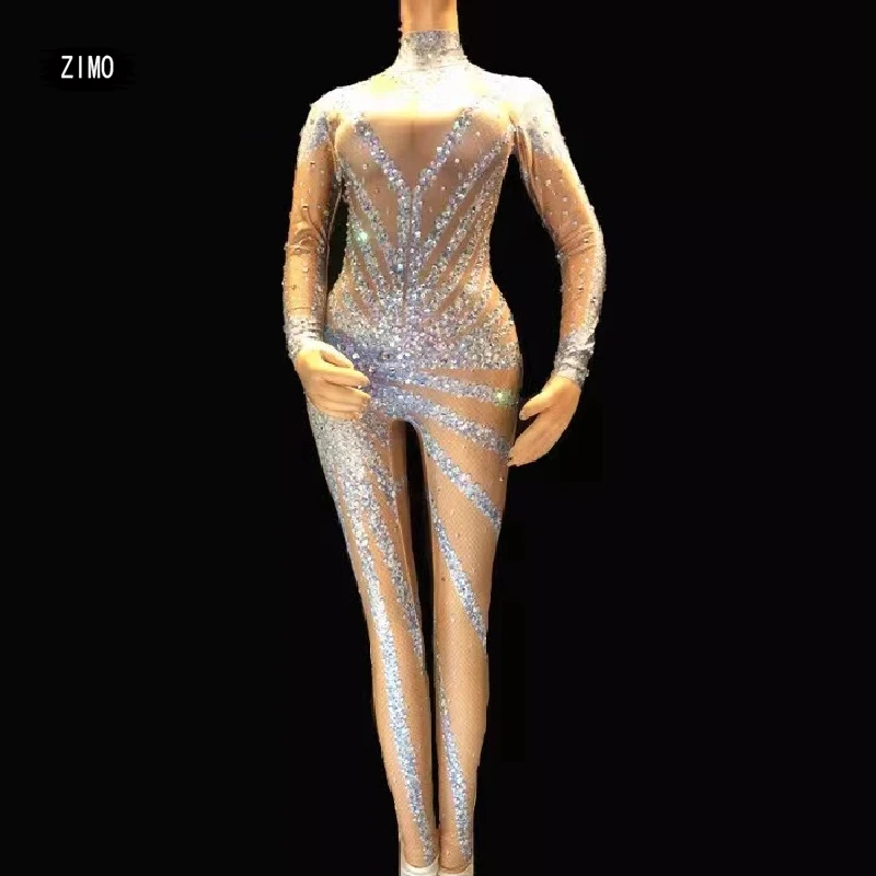 

Silver sparkly Rhinestones long sleeve Jumpsuit Women nightclub Sexy Leggings Stage Performance Wear Singer Costume Big Stretch