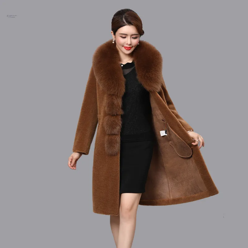 Wool 100% Coat Female Real Fox Fur Collar Sheep Shearling Fur Winter Jacket Women Korean Long Coats Suede Lining MY3707 s