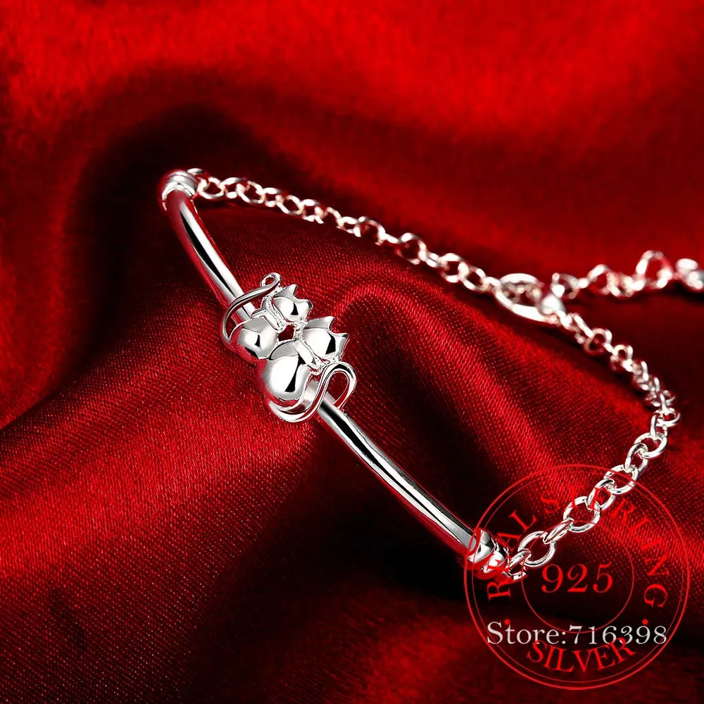 Hot Sale Fine Jewelry Gift 100% 925 Sterling Silver Cute Couple Cat Chains Bracelet & Bangle for Women Men Pulseiras De Prata
