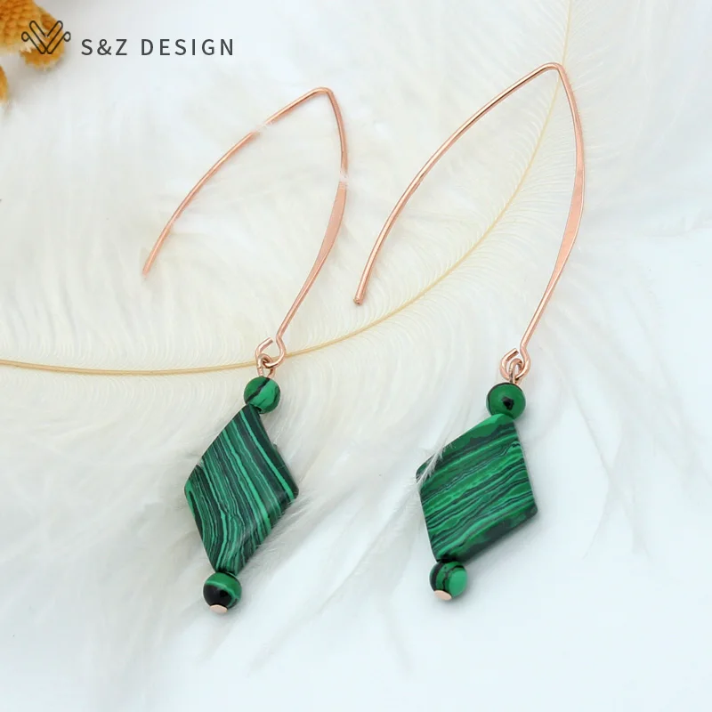 S&Z DESIGN New Long Prismatic Natural Malachite Dangle Earrings Vintage 585 Rose Gold Color Eardrop For Women Wedding Jewelry