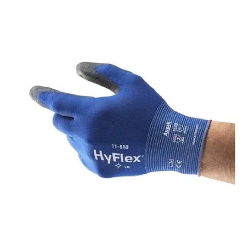 Ansell HyFlex® 11-618 (1 pair) Palm coated by black PU , dark blue nylon lining, universal gloves