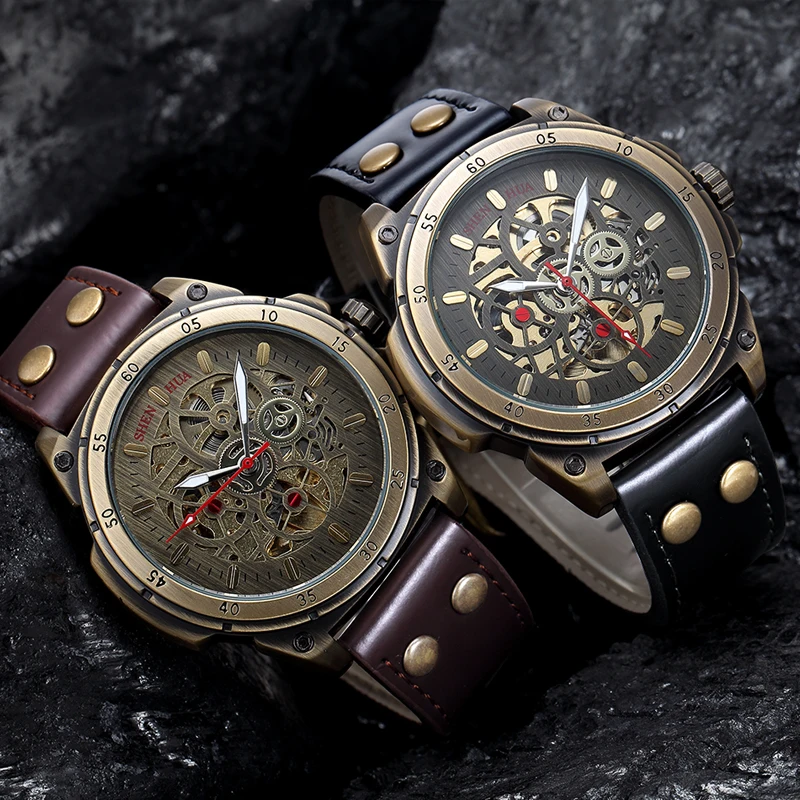 Shenhua Skeleton Mechanic Wristwatch for Men Steampunk Luxury Watch Vintage Retro Male Auto Self-Winding Reloj Hombre Montre