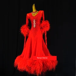 Red Feathers Standard Ballroom Dance Dress Women Girls Competition Costume Lycra Waltz Stage champagne