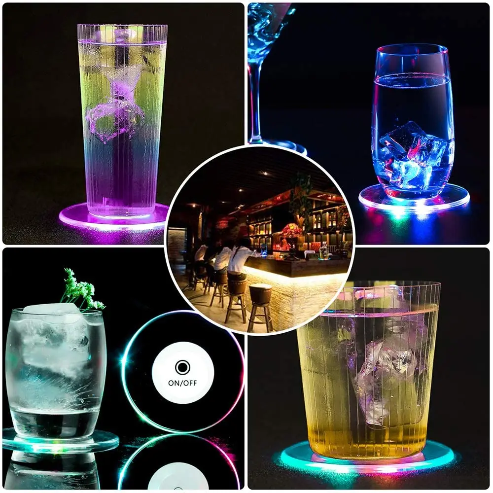 Round Square LED Coaster Cup Holder Bottle Stickers Light LED Party Drink Cup Mat RGB Coaster Night Lighting Bar Glass Flashing