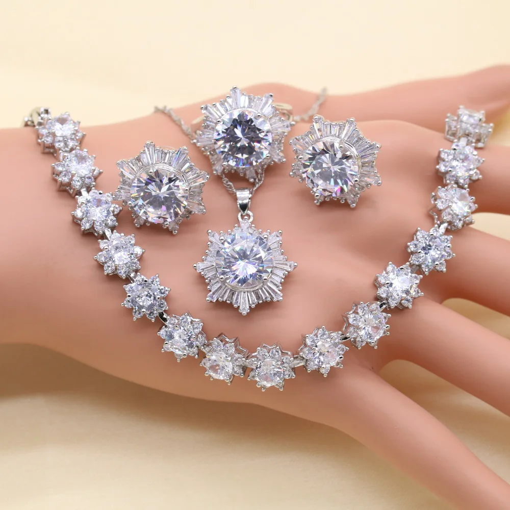 

XUTAAYI Silver Wedding Jewelry Sets For Women Flower Shape White Zircon Bracelet Earrings Necklace Pendant Ring Gift Box