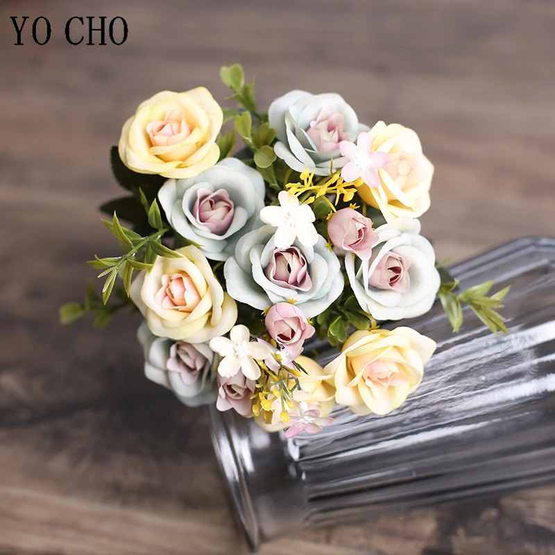 5 Branches Small Roses Pink Silk Artificial Flowers Roses Bridal Bouquet Flores for Wedding Home Party Table Decor Fake Flowers