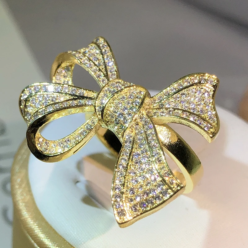 925 Sterling Silver Exquisite Birthday Bow Fashion Jewelry Yellow Gold Bow Ring and White Zircon Ring Ladies Party Jewelry