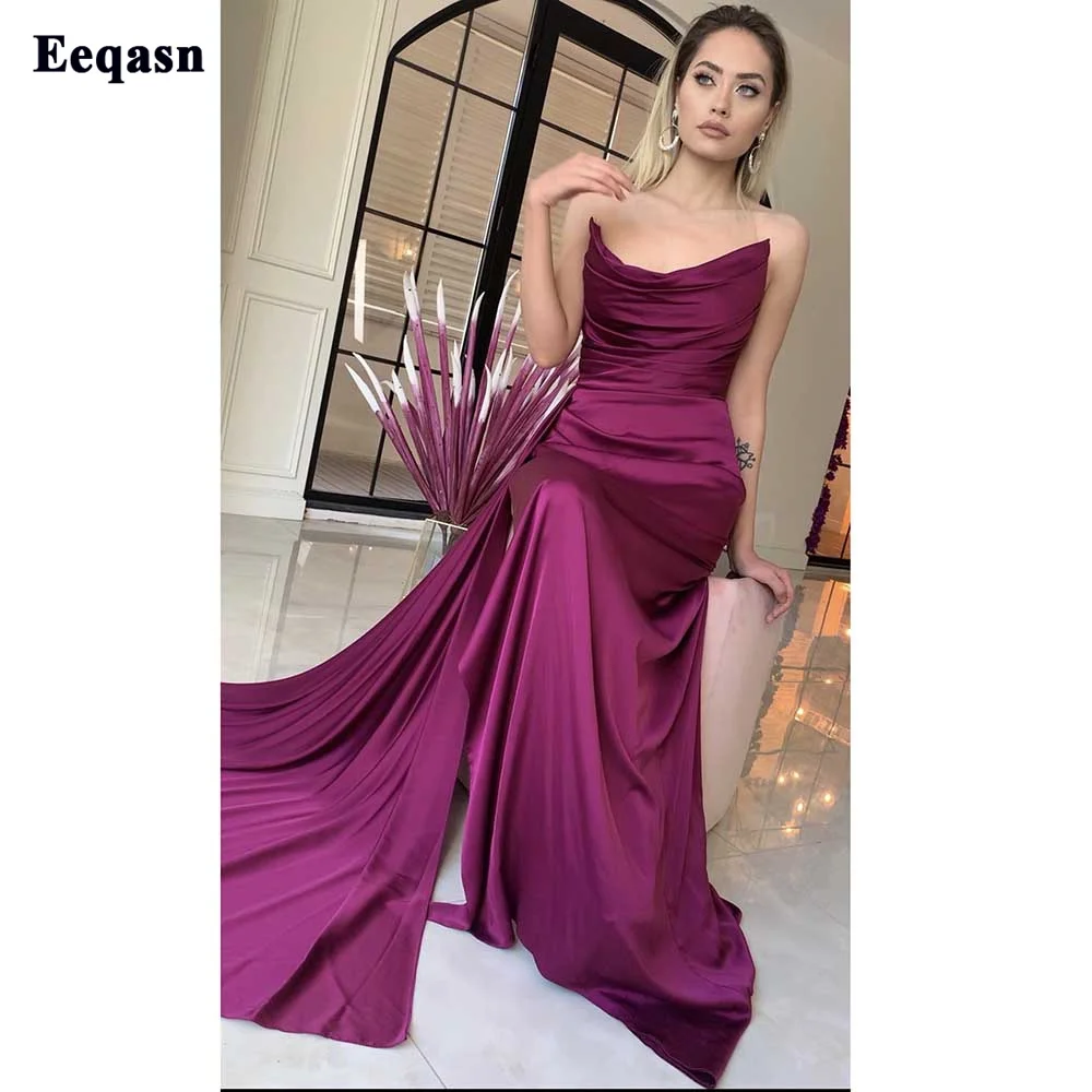 Eeqasn Sexy Plum Mermaid Satin Formele Avondjurken Geplooide Prom Partij Jassen Met Slepen Slit Formele Vrouwen Night Event Jurk