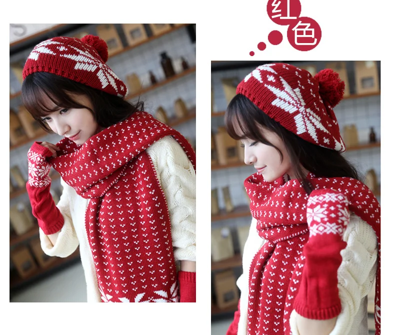 Warm Beanies Hat For Girl Ring Scarf Pompoms Winter Hats Knitted Caps Scarf Gloves 3PCS Fashion Winter Hat Scarf Set For Women