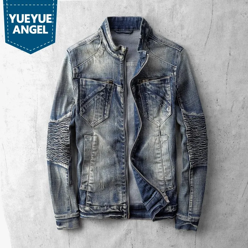

Autumn New Denim Jacket Men Teenager Slim Zipper Stand Collar Jacket Street Vintage Fashion Biker Motorcycle Coat M-3XL