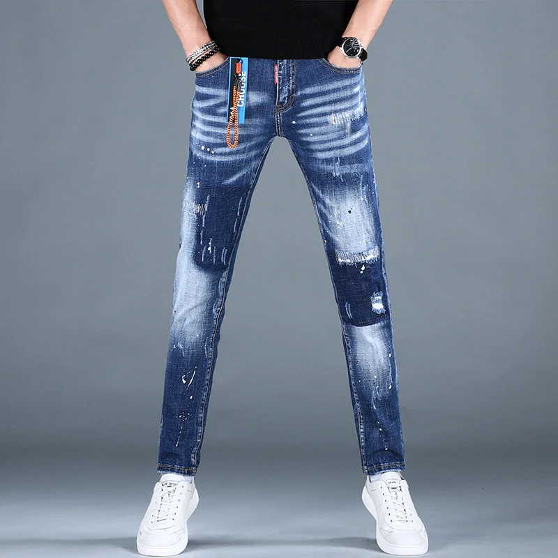 Summer Men's Blue Ripped Jeans Mens Straight Pants Streetwear Dot Printed Slim Fit Denim Trousers