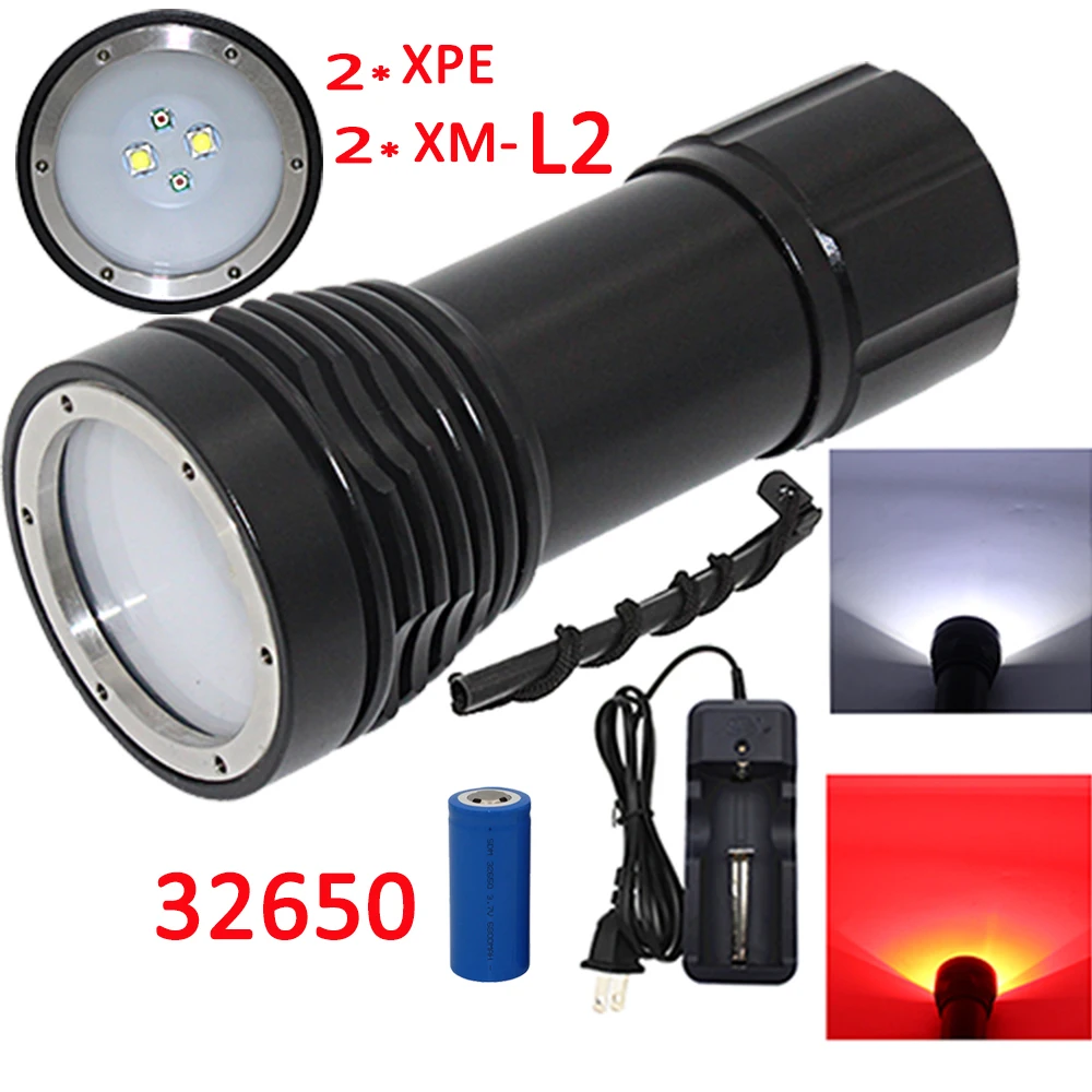 4x XM-L2 LED +2x XPE LED Photography Video Diving flashlight 4 LED Underwater Torch Waterproof Lantern+ 32650 Battery+Charger