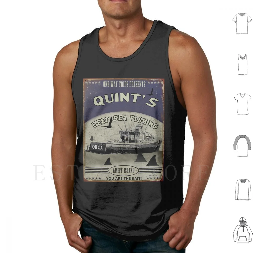 Quint's Shark Fishing (Viajes unidireccionales) Camisetas sin mangas Chaleco Quints de algodón Pesca de tiburones Quint Jaws Pastiche Tiburones de los años 80 Tiburón Robert