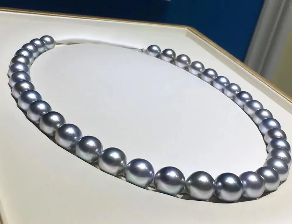 MADALENA SARARA AAA 9-10mm Saltwater Pearl Round Akoya Grey Shape Pearl Necklace Strand Flawless 18