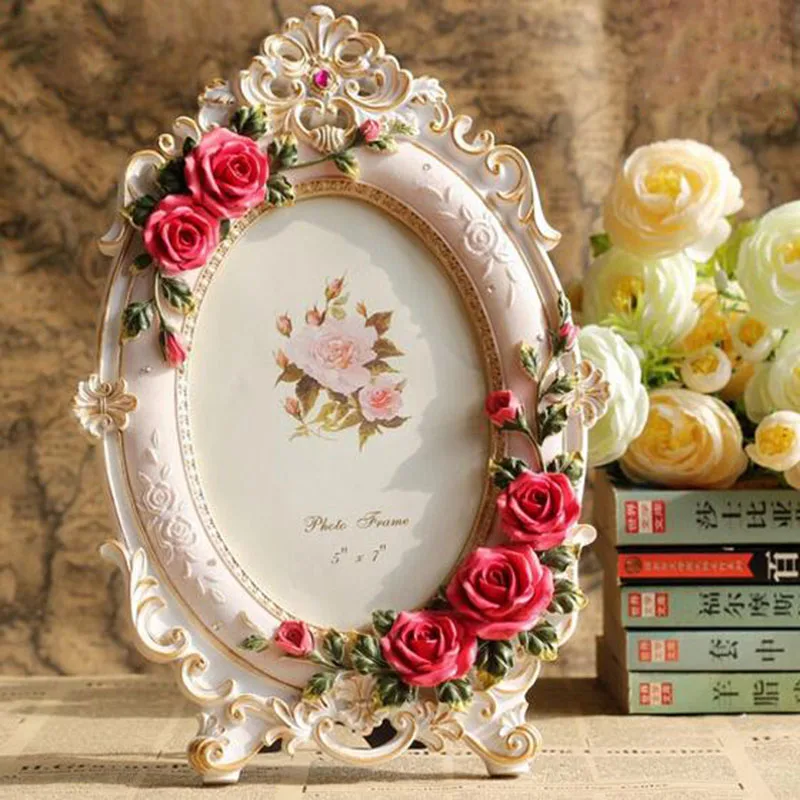 European Style Resin Rose Flower Photo Frame 6Inch 7Inch Oval Rectangle Shape Frames Picture Frame for Wedding Gifts Home Decor