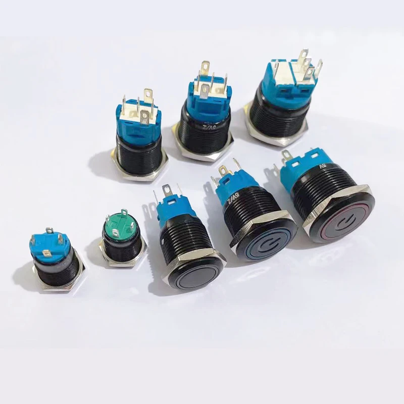 Black Push Button Switch 12/16/19/22mm Waterproof illuminated Led Light Metal Flat Momentary Switches with power mark 5V 12V 24V