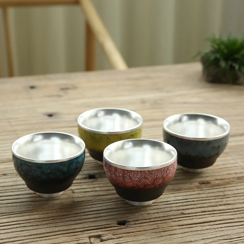 Tang She 999 Pure Silver Tea Cup Ceramic Silver Gilded Four Seasons Cup Tea Cup Pu'er Personal Owner Single Cup