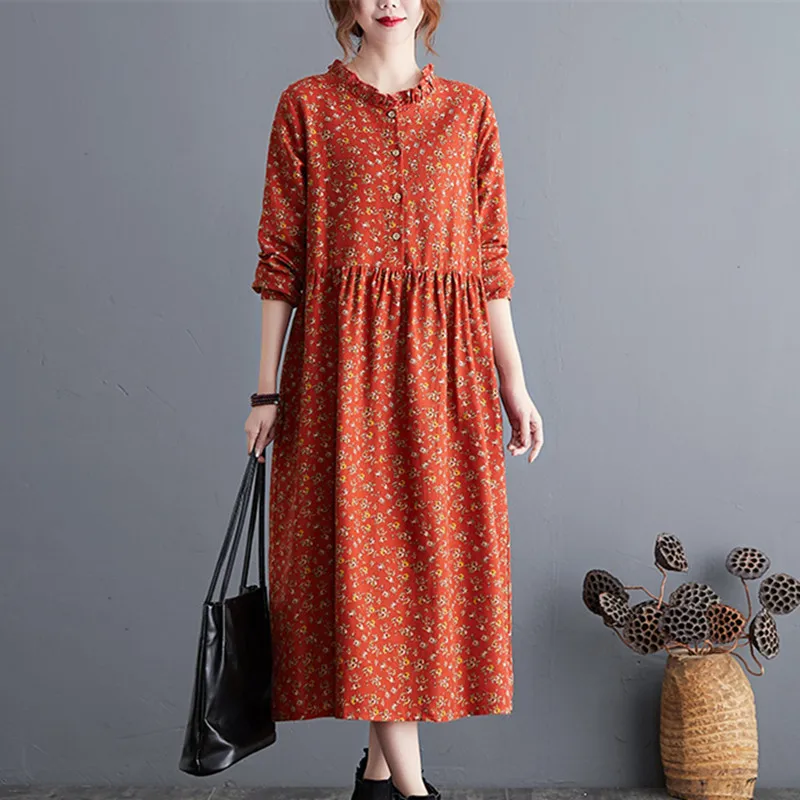 2023 New Arrival Cotton Blend Autumn Dress Long Sleeve Spring Dress Print Floral Prairie Chic Blouse Dress Women Casual Dress