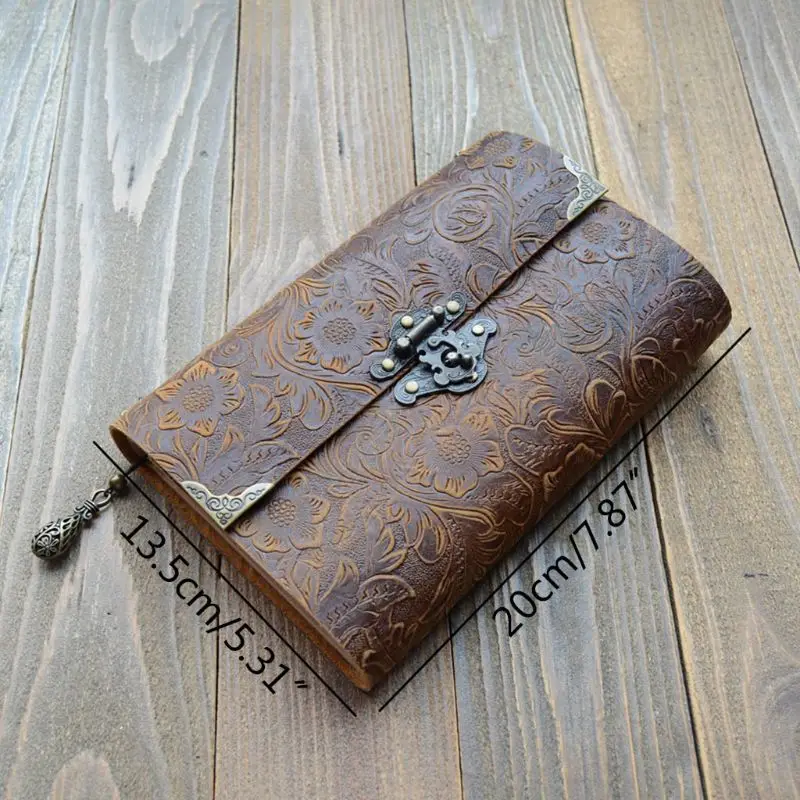 Embossed Pattern Soft Leather Travel Notebook with lock Key Diary Notepad Kraft Q81F
