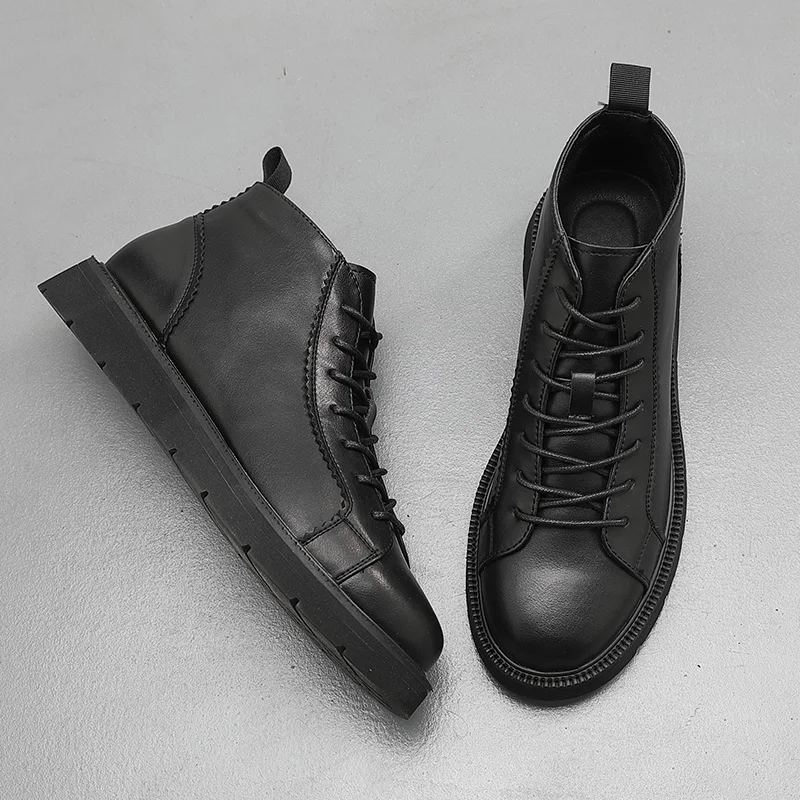 New Spring Autumn High Quality Men Casual Shoes Black Round Toe Real Leather Ankle Boots Soft Tooling Lace-Up British Boots