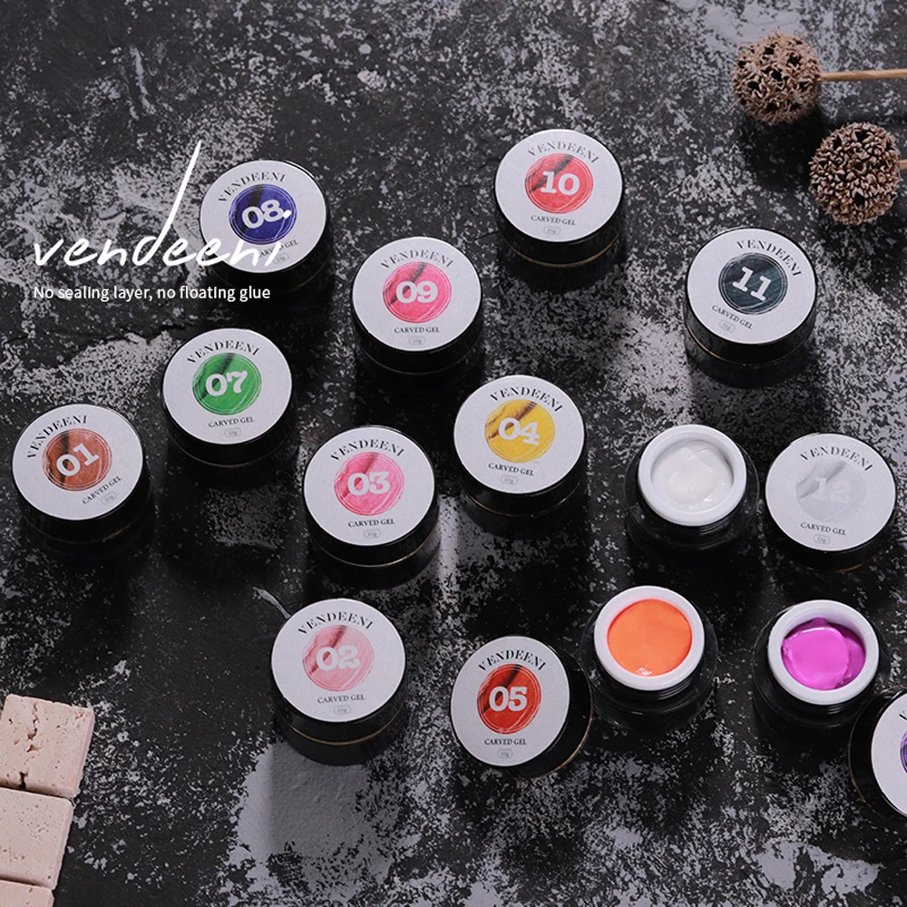 Vendeeni 12 Colors Sculpture Nail Gel Carved Plasticine UV Gel Varnish Creative DIY Nail Art Painting 3D Embossing Nail Gel