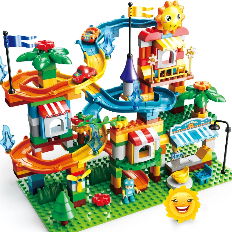 Big Size Marble Run Blocks City Villa House Funnel Slide Building Blocks DIY Construction Bricks Toys for Children Kids Gift
