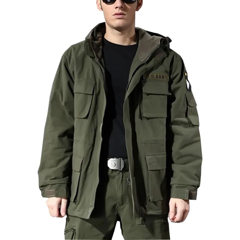 Men\'s Cotton US Clothing Hooded Windbreaker Tops Winter Outdoor Climbing Thermal Fleece Lining Thick Jacket Coat