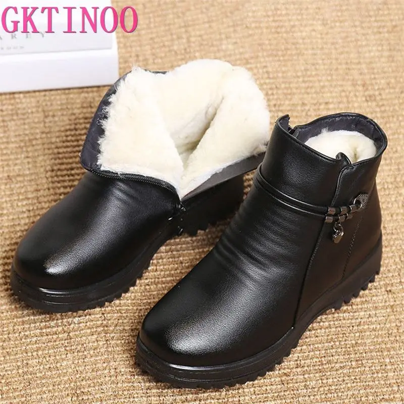 GKTINOO Solid Black Women Snow Boots Classic Plush Winter Shoes Female Ankle Boots Plus Size 35-43 Ladies Leather Booties