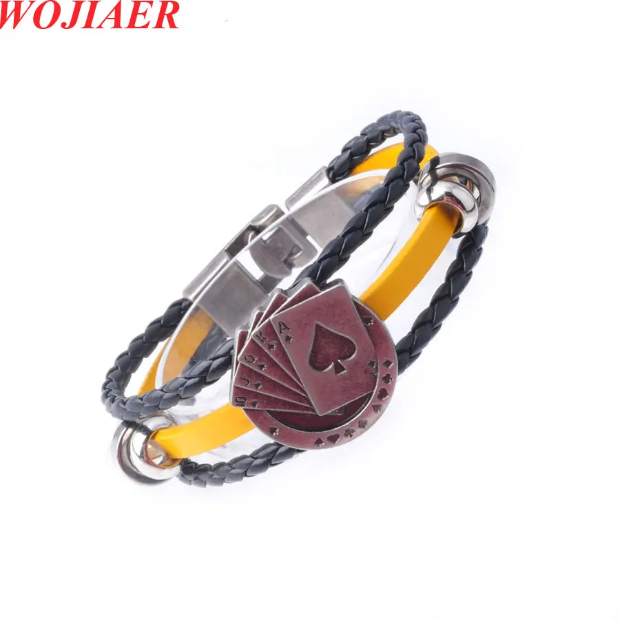 WOJIAER Dichroic Leather Vintage Lucky Poker Card Charm Woven Bracelet Male Cuff Jewelry Gift BC005