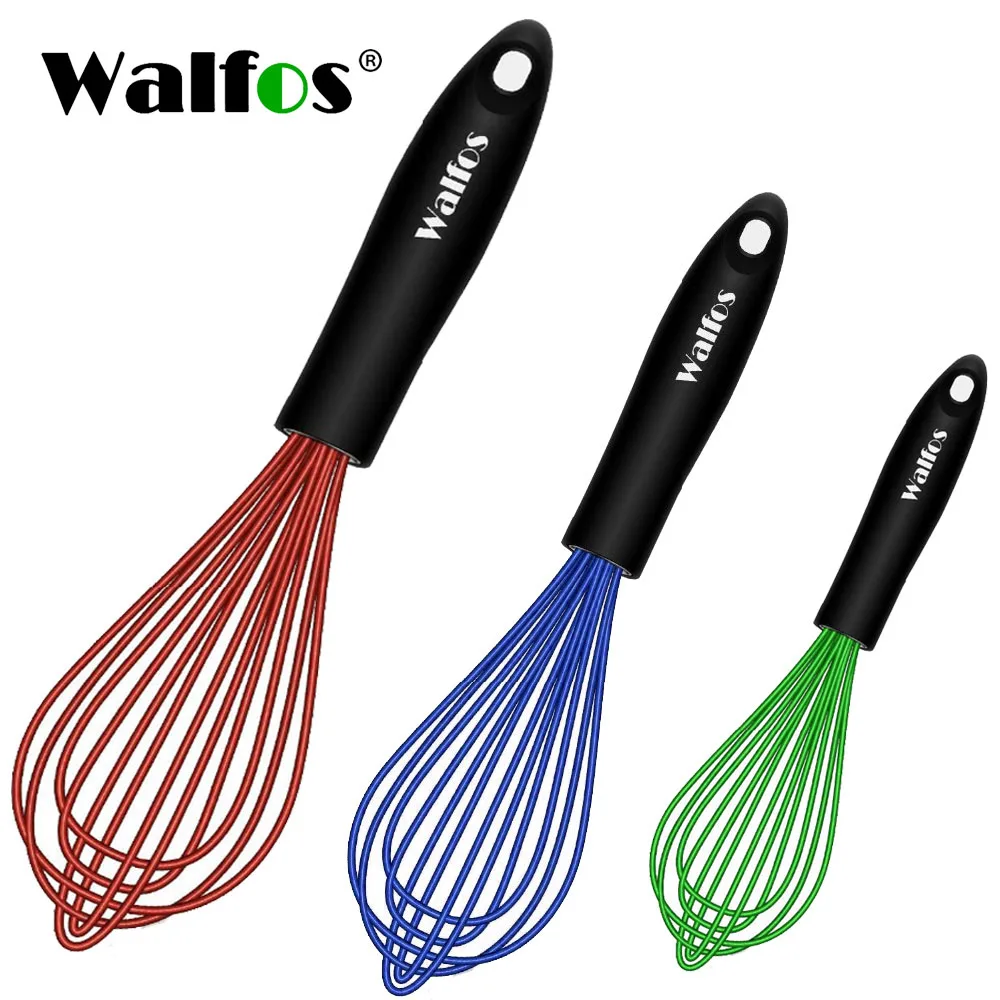 Walfos 3 pieces Silicone Stainless Steel Wire Whisk - Mixing Bowl Kitchen Whisk For Non-Stick Egg Foamer Stirrer Kitchen Tool