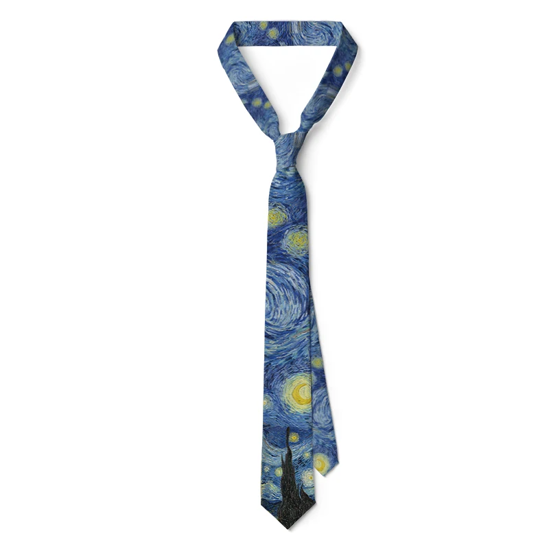 3D imprimé 8 cm de large hommes cravate Van Gogh peinture à l'huile étoilé lune nuit amusant cravate décontracté fête de mariage costume robe cou cravate pour hommes