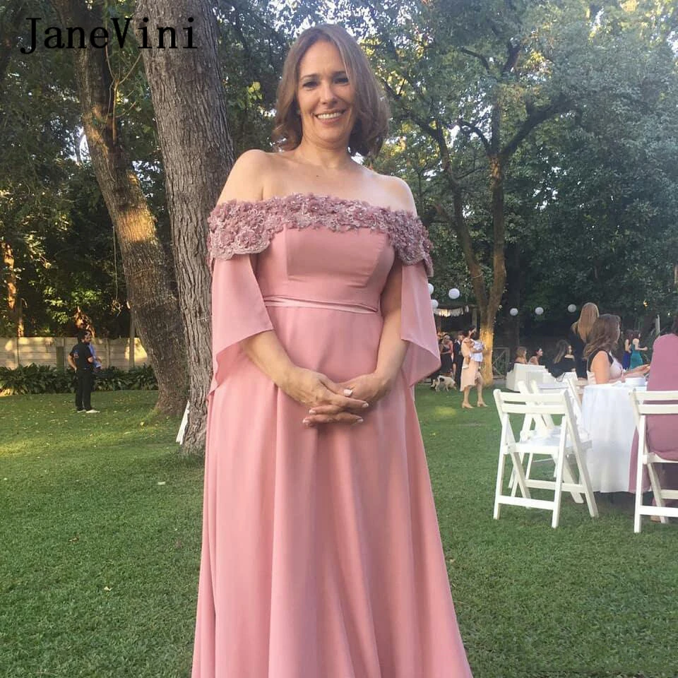 JaneVini 2020 Elegant Dusty Pink Mother Of The Bride Dresses A Line Handmade 3D Flowers Beaded Chiffon Plus Size Customize Gowns