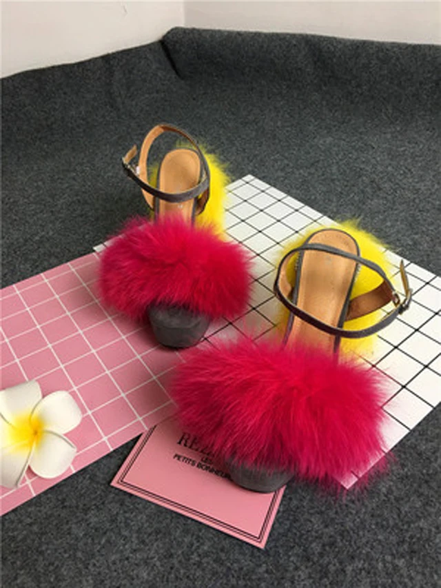 Contrast Pink Green Real Fox Fur Chunky Heel with Crystal Sandals Platform Ankle Strap Runway Sandals Catwalk Stage Shoes