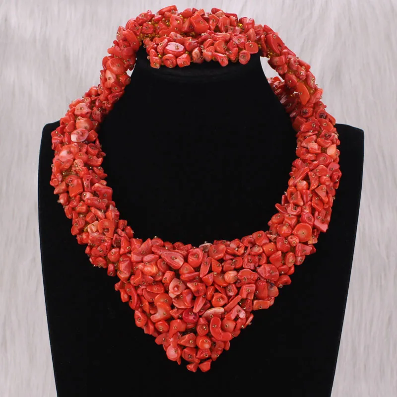 Dudo Nigerian Coral Beads Necklace Jewelry Set Heart Design African Jewellery Sets For Women with Bracelet and Earrings 2020