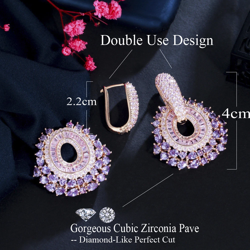 ThreeGraces Bohemian Shiny Purple Pink Cubic Zirconia Dangle Huggies Earrings for Women Fashion Wedding Costume Jewelry ER718