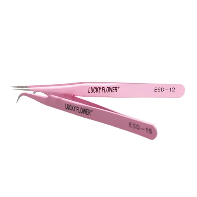 LUCKEY FLOWER 2pcs Stainless Steel Pink Straight and Curved ESD Tweezers Eyelash Extension Tool Eyelash Makeup Beauty Tool