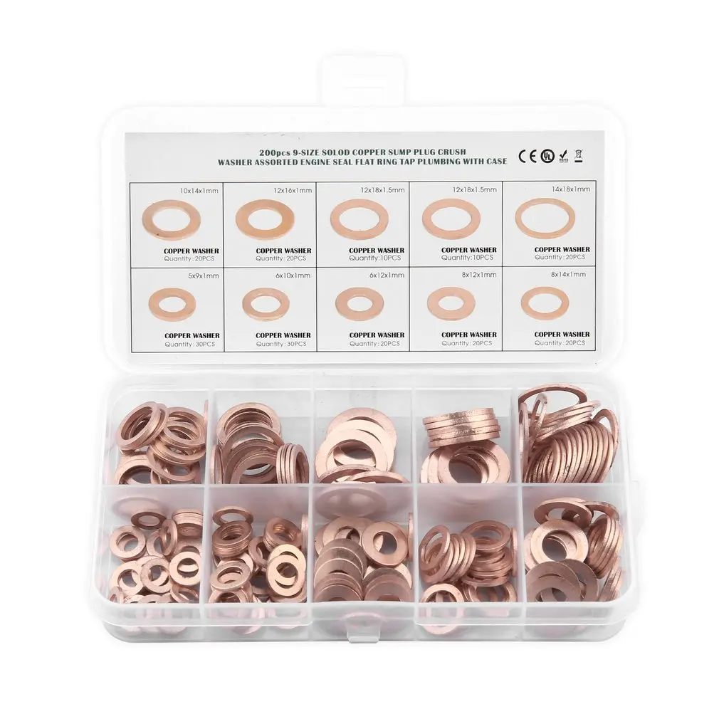 200Pcs Solido Rondella di Rame M5-M14 Anello Piatto Coppa Plug Paraolio Assortiti Box Set